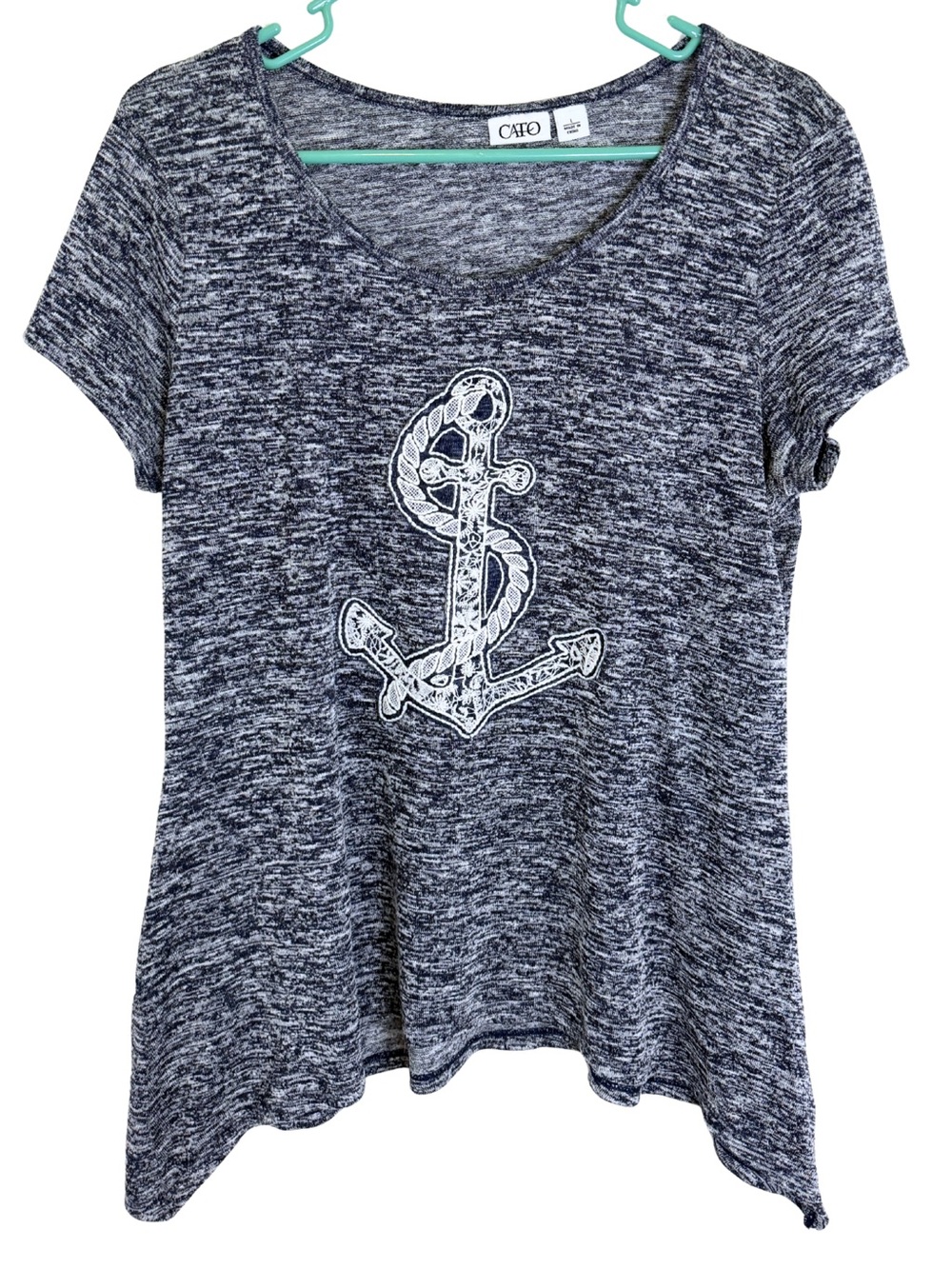 3/$20 Cato Navy Blue Heather Short Sleeve Knit Top with White Anchor